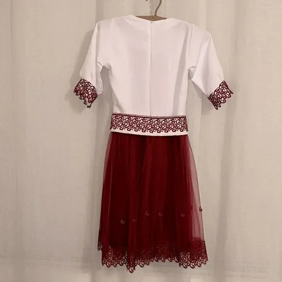 Girl 14-16 Embroidered White Burgundy Tulle Lace Short Sl Folk Formal Dress - Picture 2 of 16